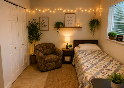 Furnished private bedroom with twin bed, armchair, and closet at Paradise Manor, a male-only assisted living facility in Florida
