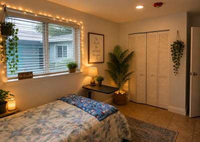 Clean private bedroom with large window, closet, and adjustable bed table at Paradise Manor, a male-only ALF in Florida