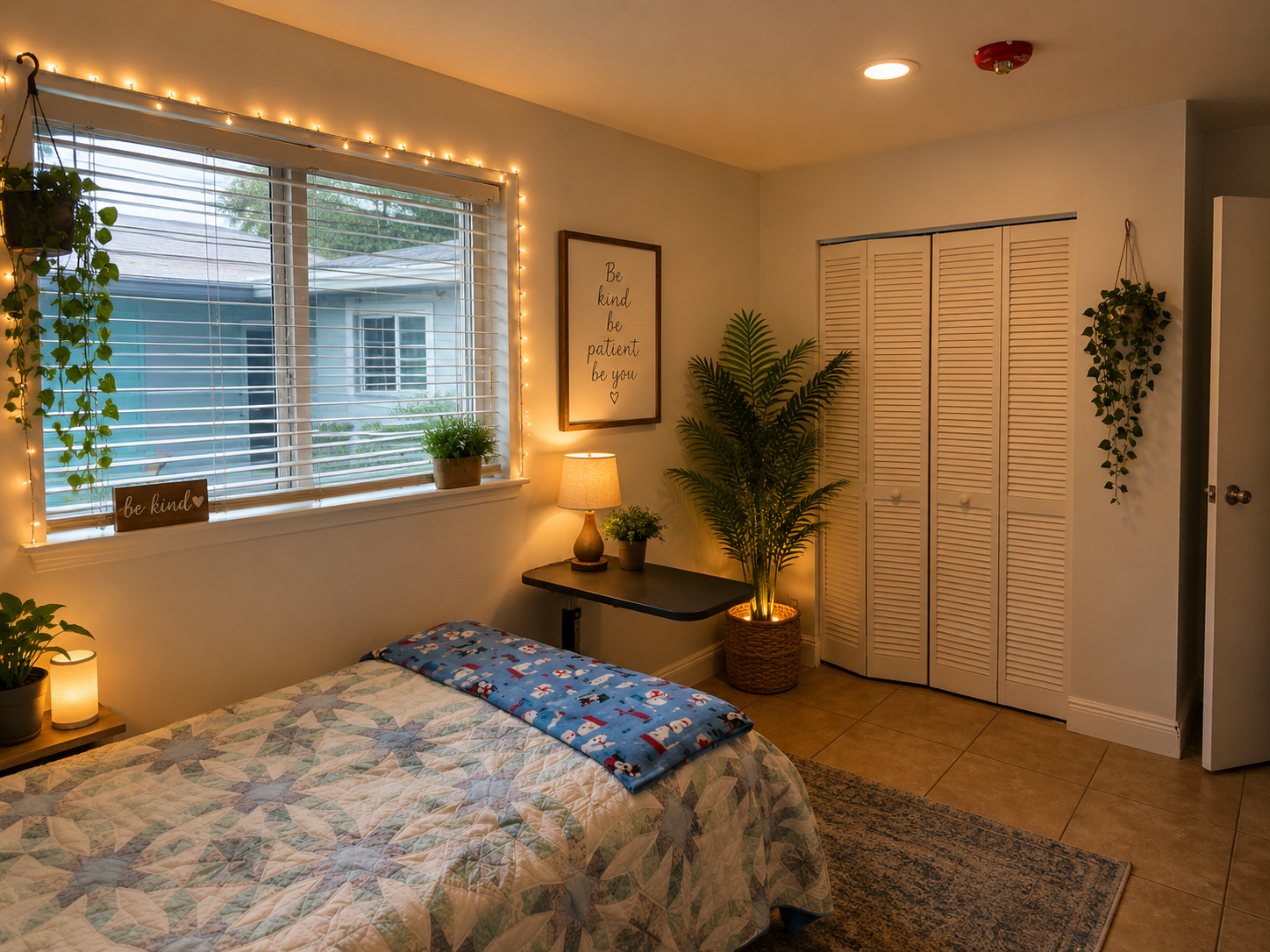 Clean private bedroom with large window, closet, and adjustable bed table at Paradise Manor, a male-only ALF in Florida